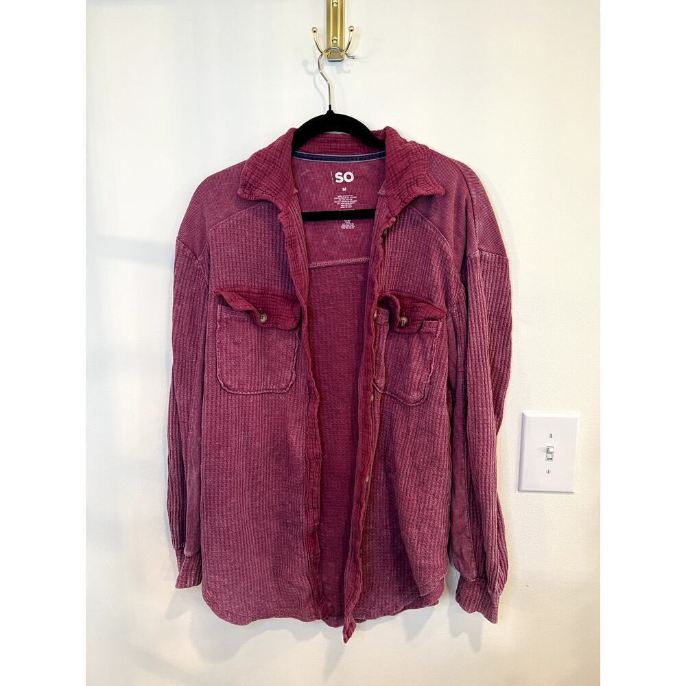 Waffle Knit Shacket Mauve Pink Button Front Cozy Oversized Shirt Jacket Size M